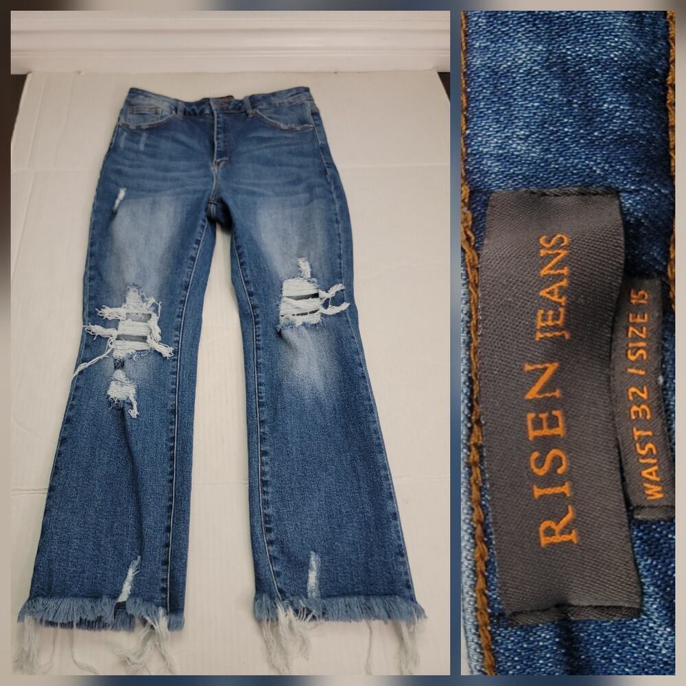 RISEN “Rudy” High Rise Straight Distressed Jeans SZ 32 Raw Fray Hem Stretch